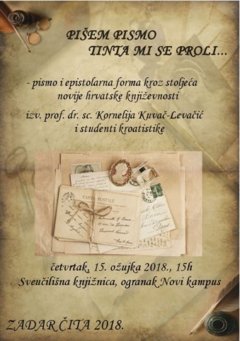 Poziv na predavanje o pismu i epistolarnoj formi novije hrvatske književnosti (Zadar čita 2018.)